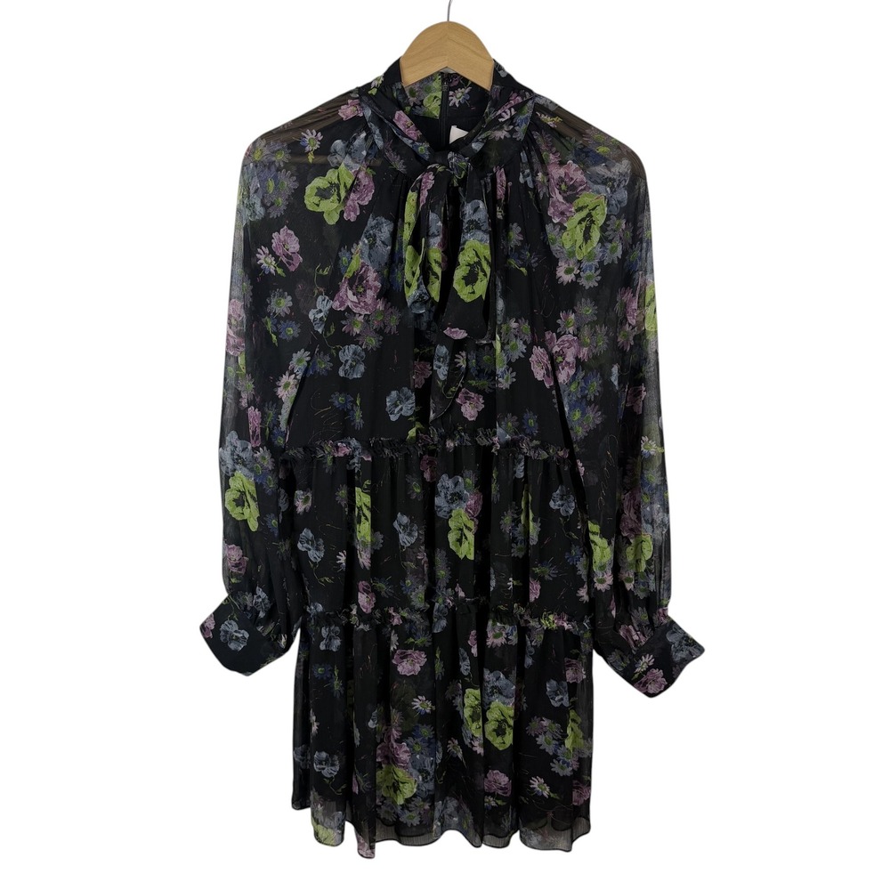 NWT Cinq a Sept Midnight Bloom Revina Dress Size 12 Dark Floral Tie Neck Tiered - Picture 2 of 15